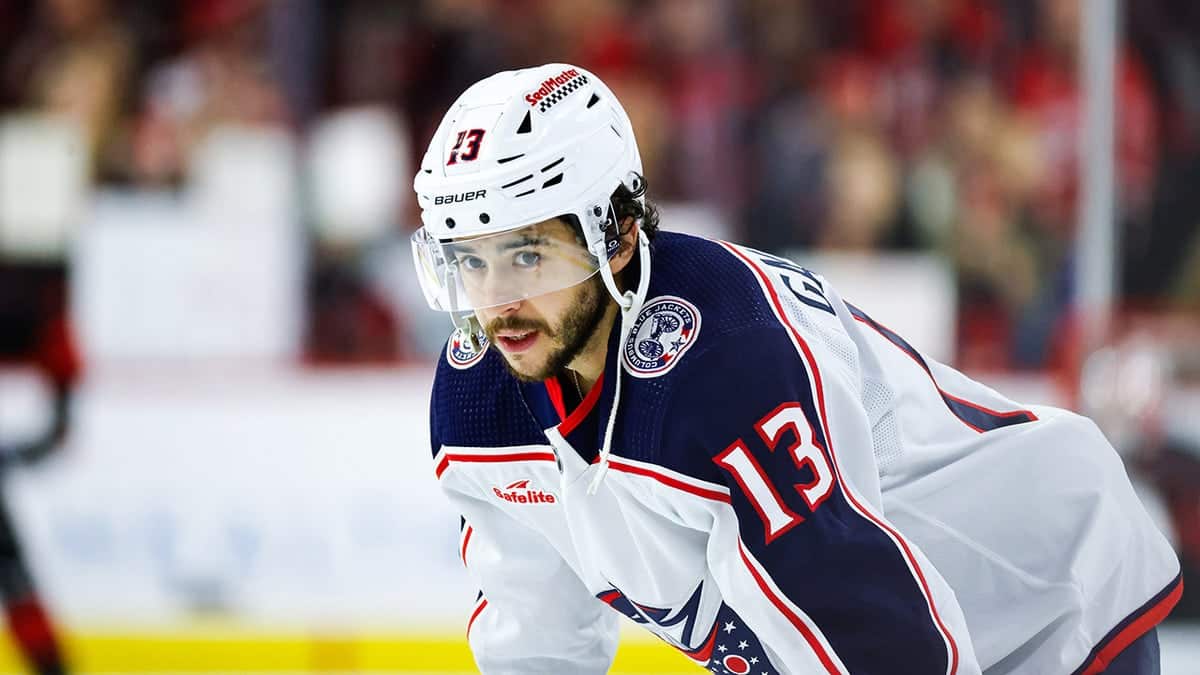 Johnny Gaudreau wearing Columbus Blue Jackets uniform during warmups at PNC Arena