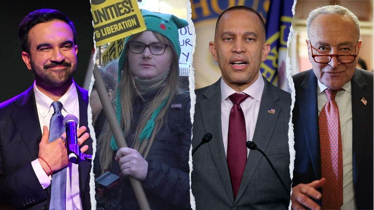 Mamdani, Protester, Jeffries, Schumer