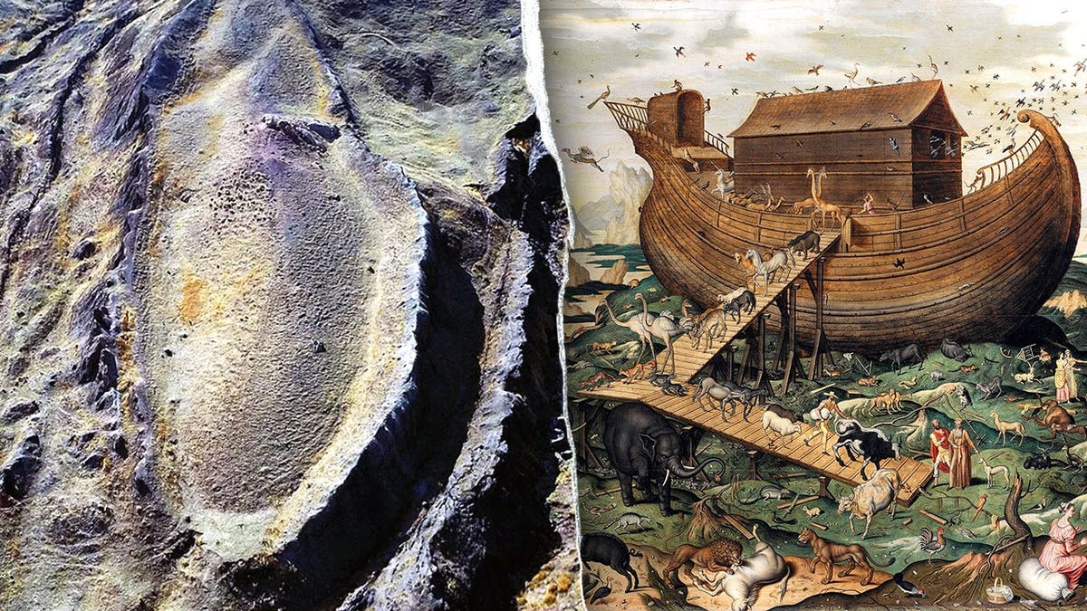 Split image of Noah's Ark formation in Turkey, depiction of Noah's Ark