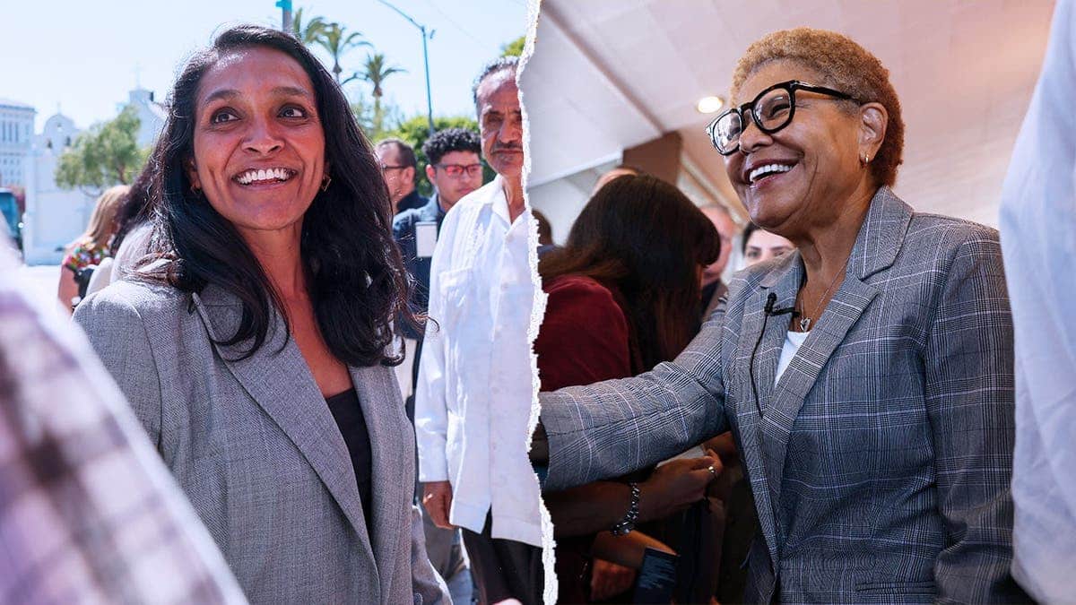 Nithya Raman, left, pictured alongside incumbent mayor Karen Bass, right