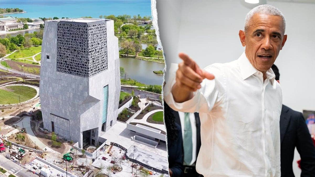 Split image showing the Obama Presidential Center in Chicago and former President Barack Obama.