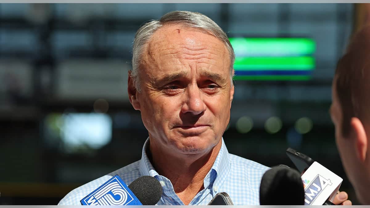 Major League Baseball Commissioner Rob Manfred speaking to media at American Family Field