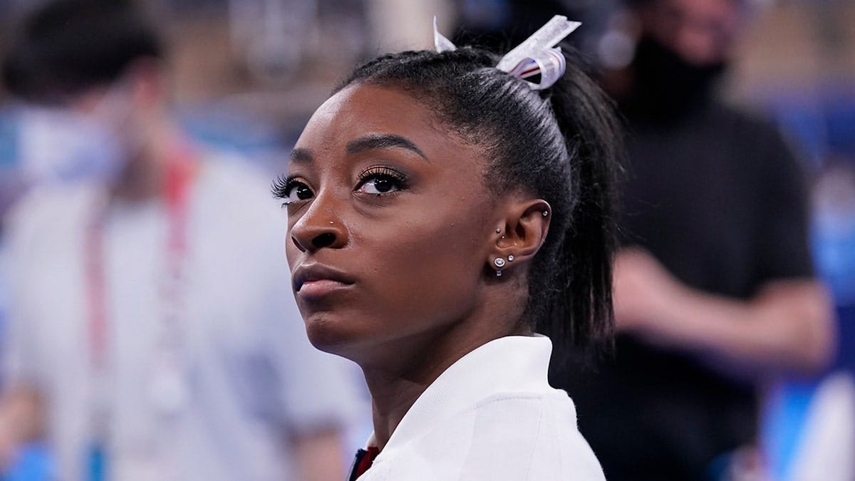 Simone Biles waiting to perform during women's artistic gymnastics final
