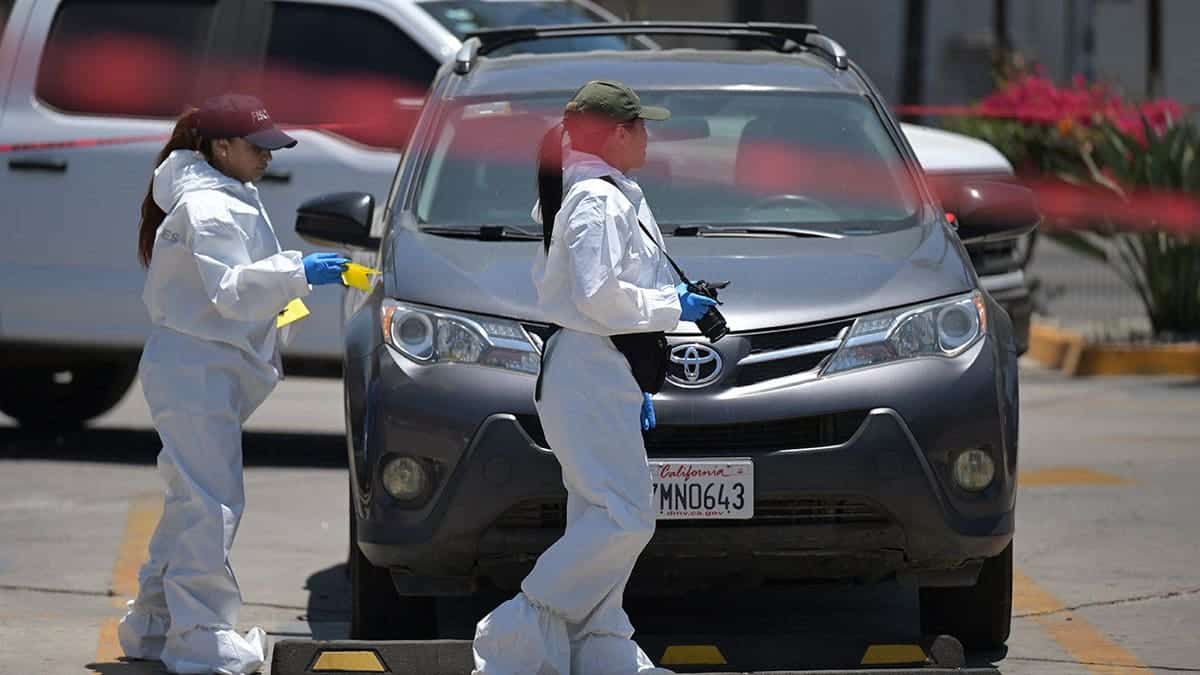 Forensic workers inspect a car where a body was allegedly found at a parking lot close to Caliente stadium, where Iran's national football team trains, in Tijuana, Baja California, Mexico on June 12, 2026.