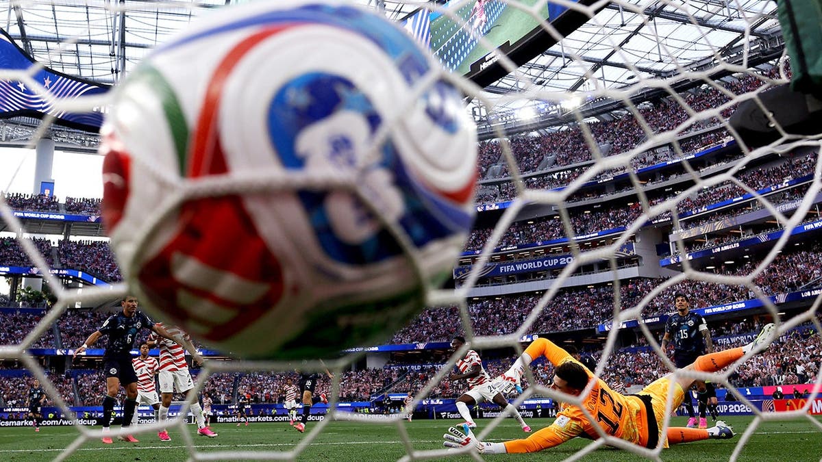 The United States scores a goal during a World Cup match.