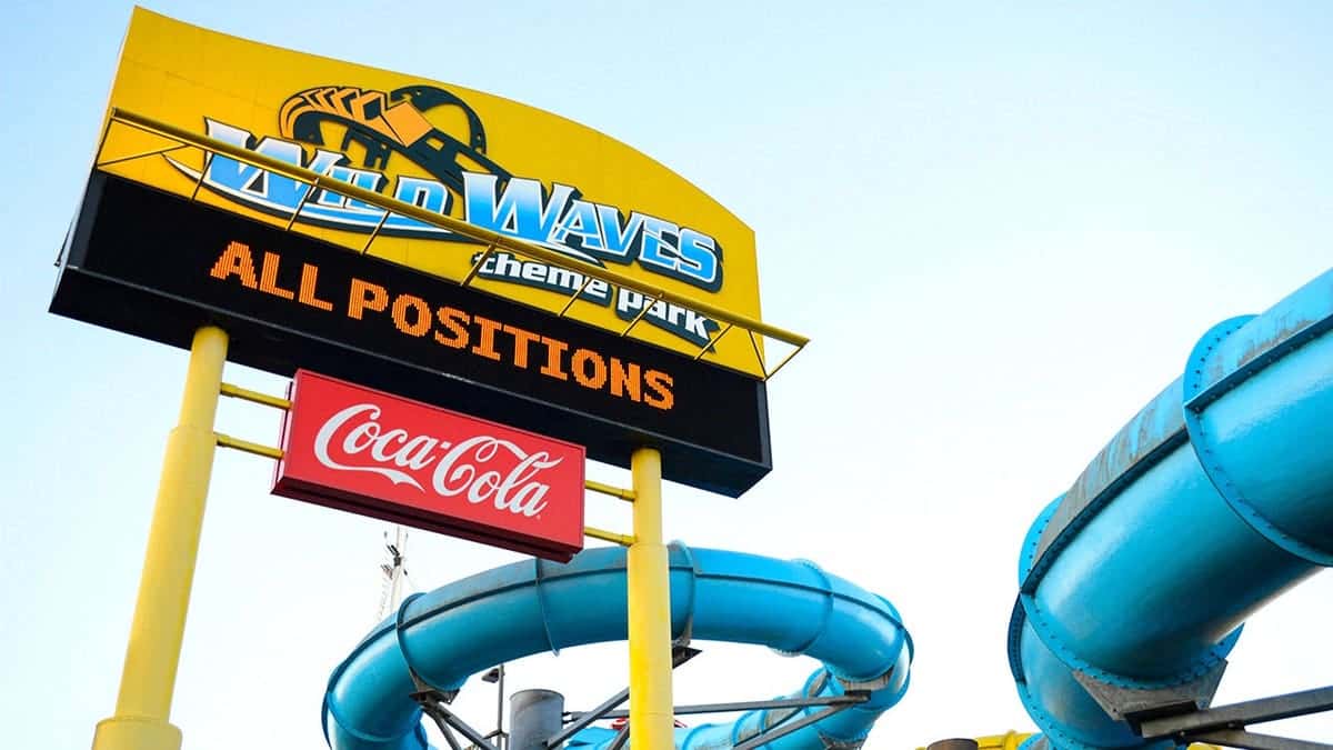 View of Wild Waves sign and water slide