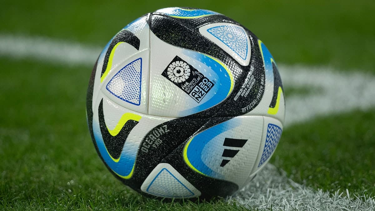 Official FIFA Women's World Cup Australia and New Zealand logo on matchball at Stadium Australia in Sydney