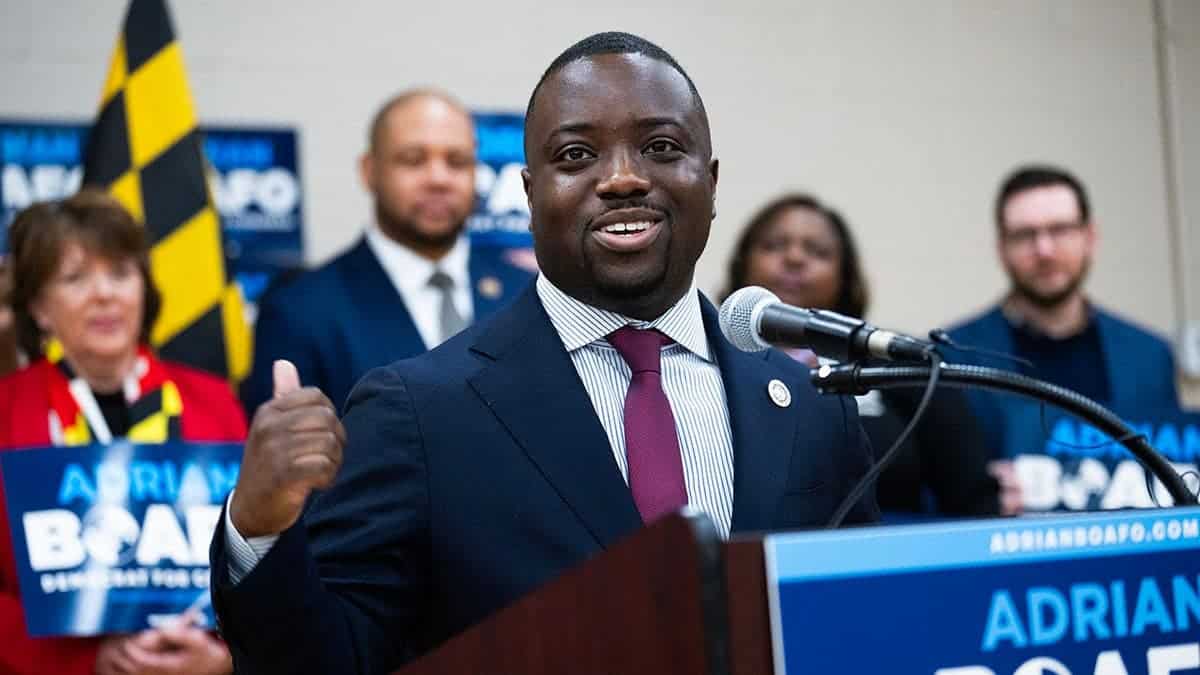 Del. Adrian Boafo speaking at a press conference in Bowie, Maryland.