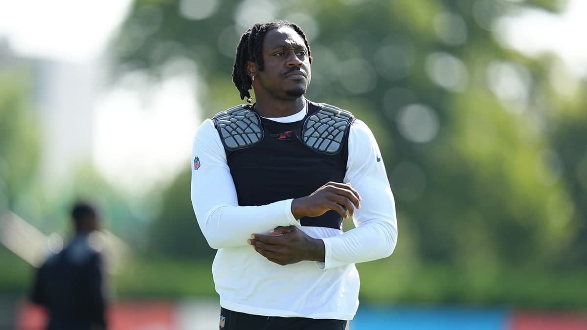 Philadelphia Eagles wide receiver A.J. Brown warming up at NovaCare Complex training camp