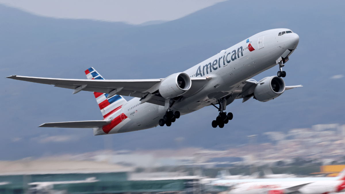 An American Airlines jet takes off from Barcelona, Spain, on April 29, 2026.