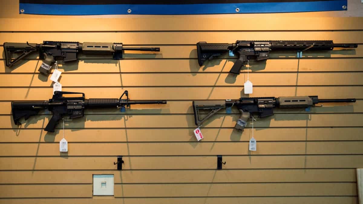 AR-15 style rifles displayed for sale at Blue Ridge Arsenal in Chantilly, Virginia