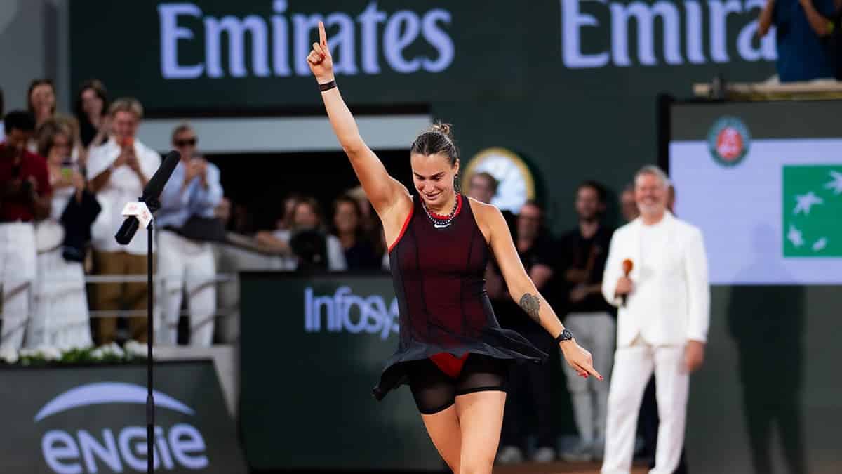 Aryna Sabalenka dancing during post-match interview at French Open in Paris