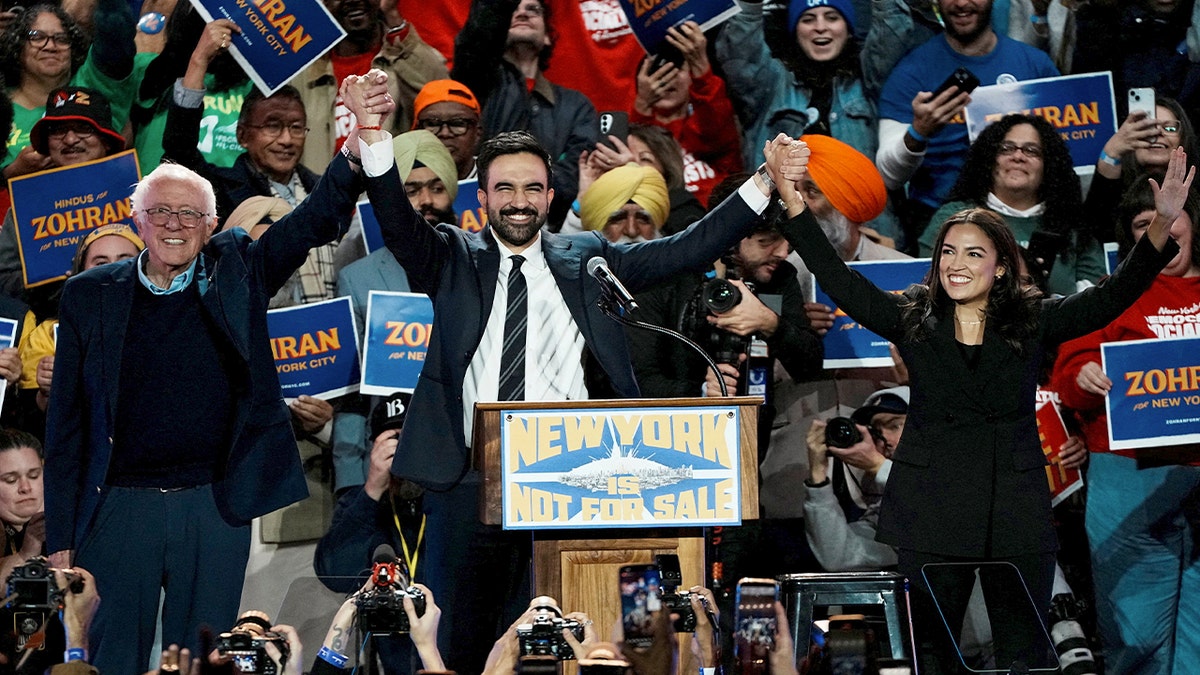 Sen. Bernie Sanders, Rep. Alexandria Ocasio-Cortez and Zohran Mamdani reacting on stage at a rally