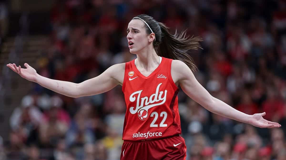 Caitlin Clark of the Indiana Fever reacting during a basketball game at Gainbridge Fieldhouse