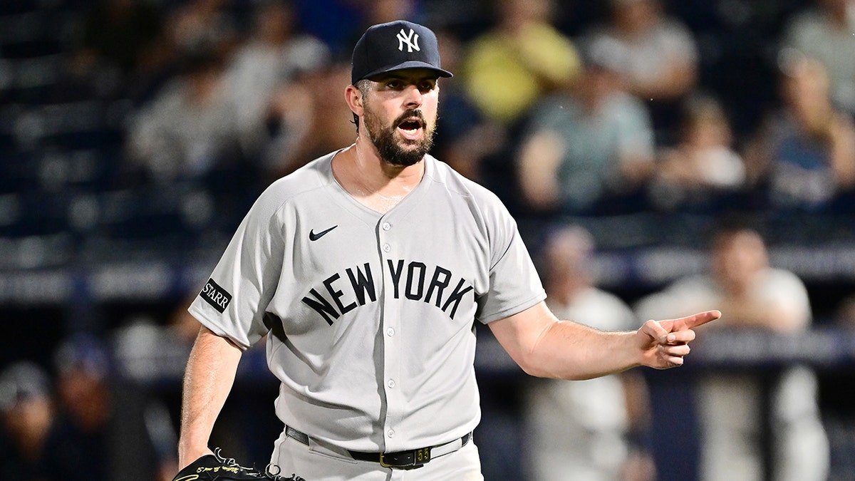 Carlos Rodón of the New York Yankees reacting on the field at George M. Steinbrenner Field