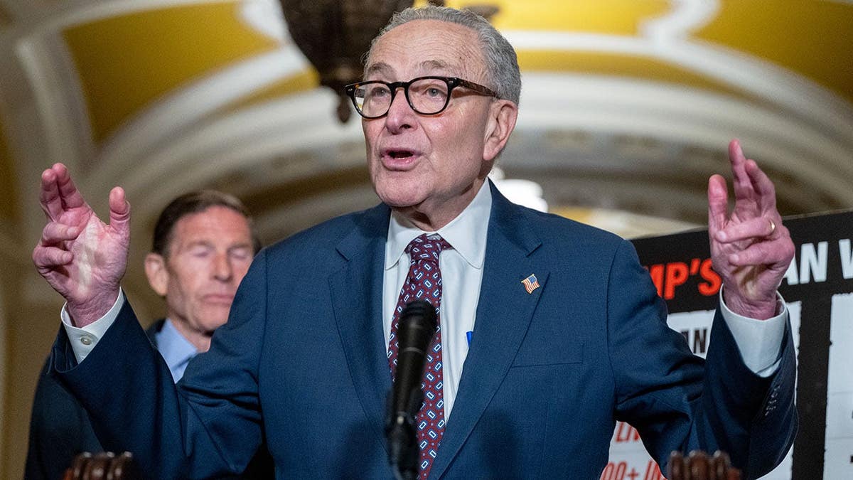 Senate Minority Leader Chuck Schumer speaking at a news conference at the US Capitol in Washington, D.C.