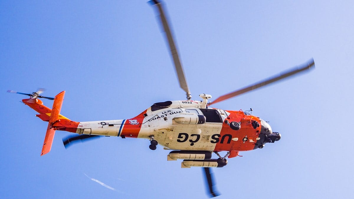 A U.S. Coast Guard helicopter flying over San Diego, California.