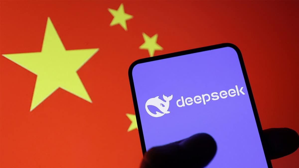 DeepSeek AI app displayed on a smartphone screen with the Chinese flag in the background