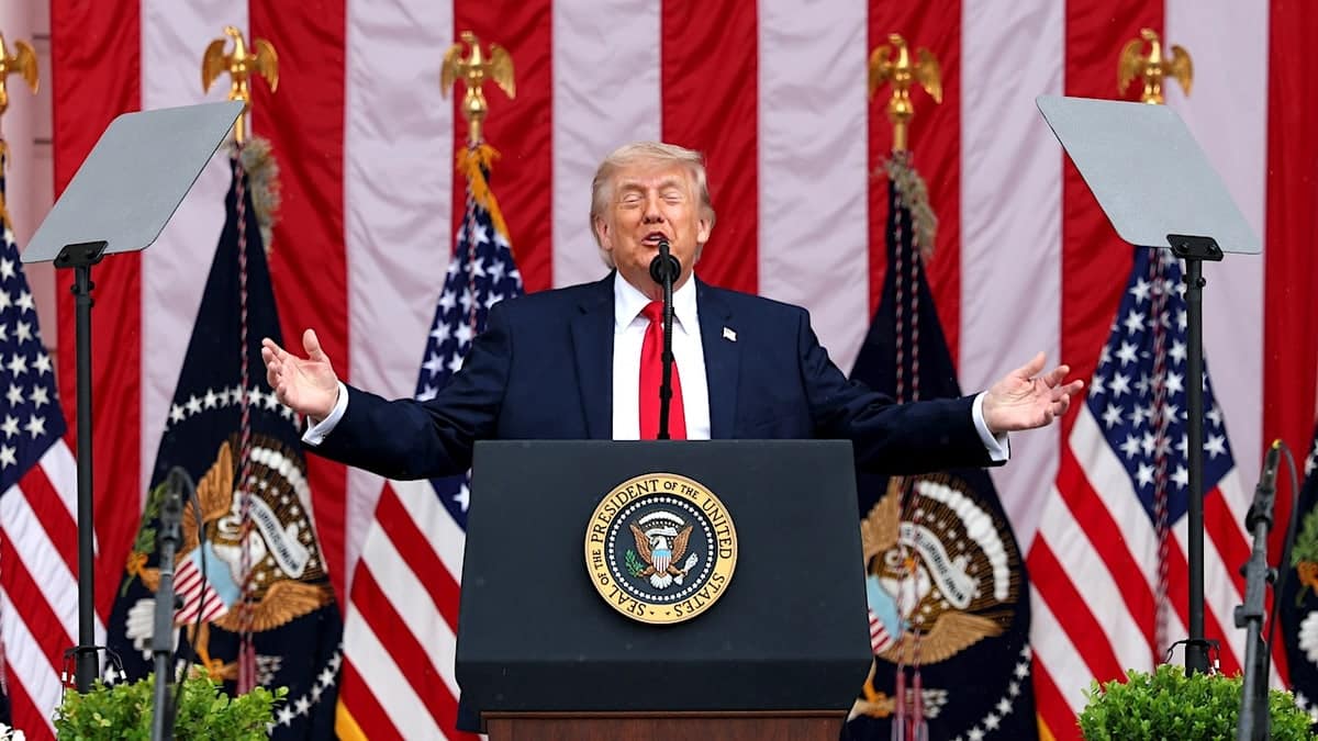 President Donald Trump delivering remarks at Arlington National Cemetery during Memorial Day ceremony