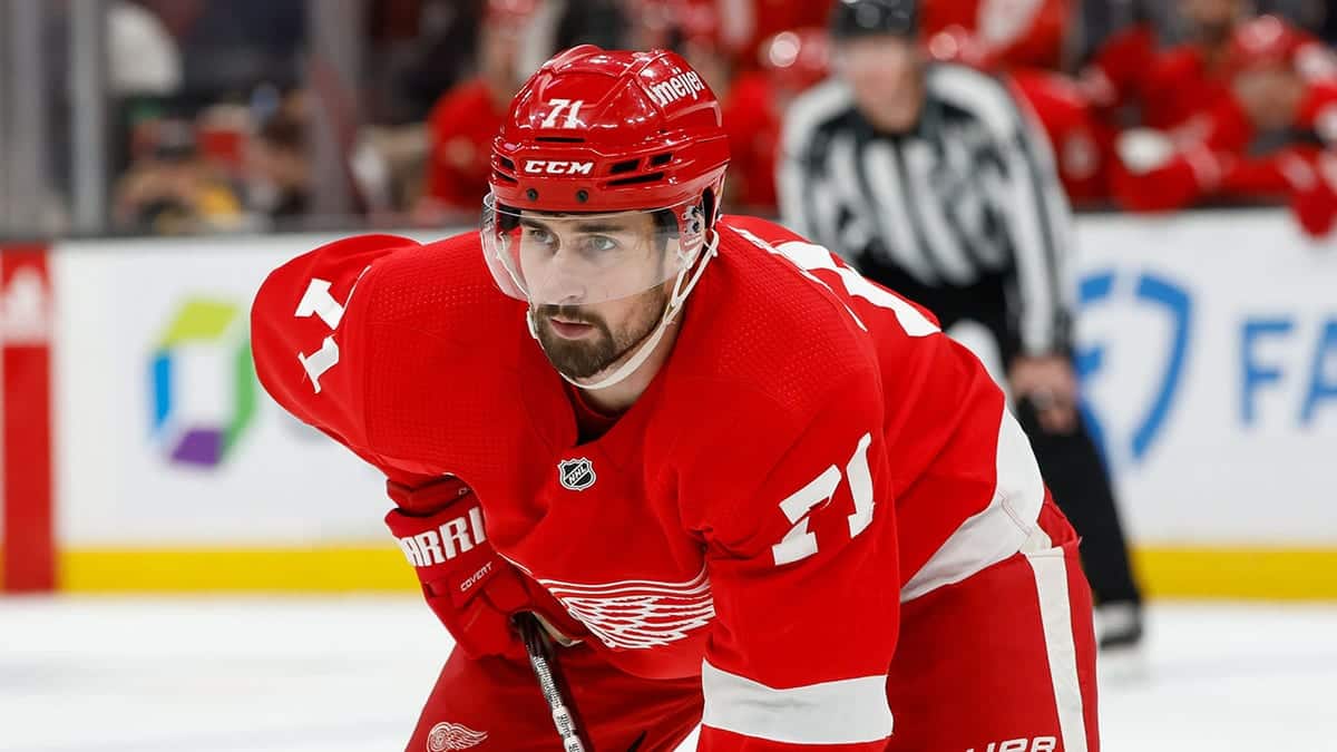 Dylan Larkin skating on ice during hockey game at TD Garden