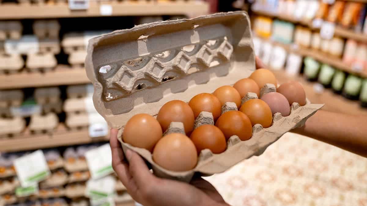 A person inspects a carton of brown eggs at the grocery store.