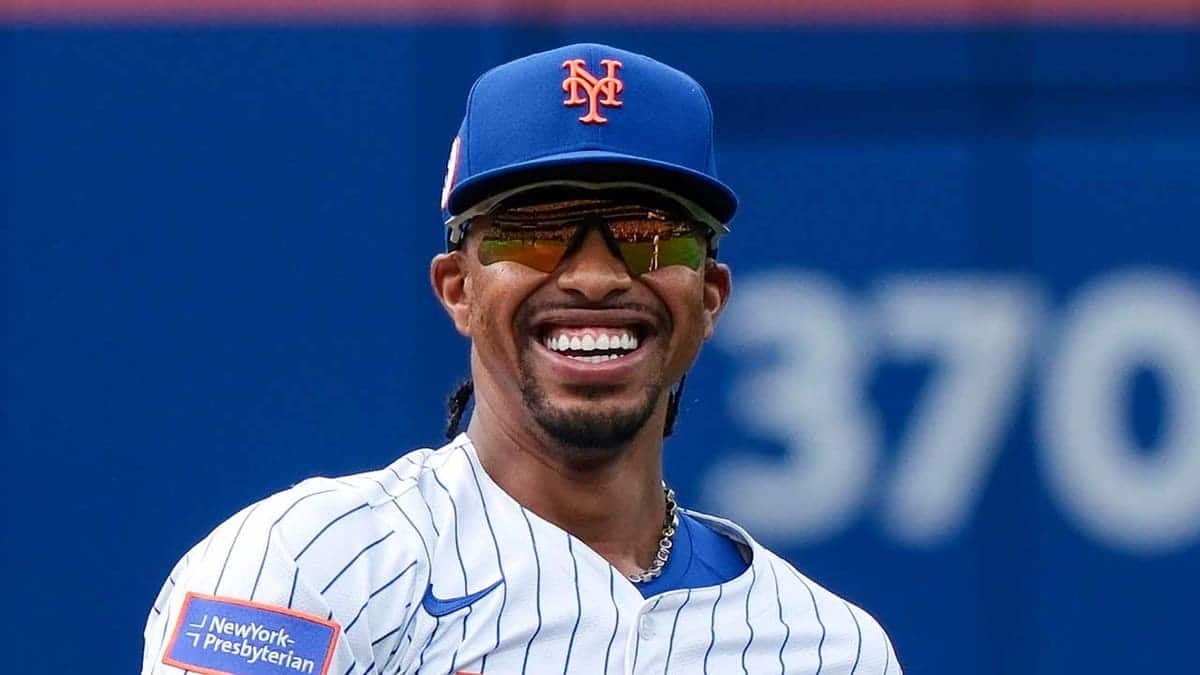 Francisco Lindor of the New York Mets standing on the field at Citi Field.