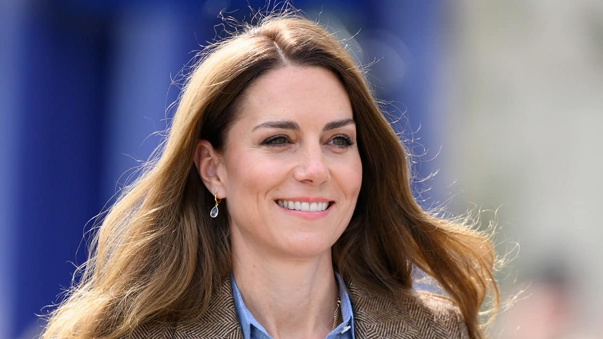 Catherine Princess of Wales smiling wearing a brown blazer at Aros Hall in Tobermory Scotland