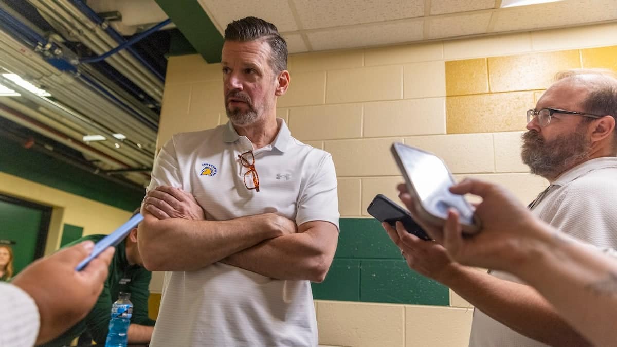 San Jose State University Spartans head coach Todd Kress speaking to news media