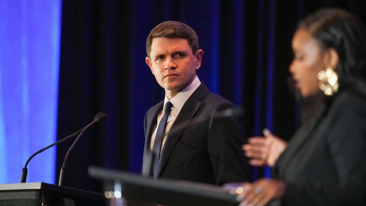State Representative James Talarico speaking during a debate in Georgetown, Texas.