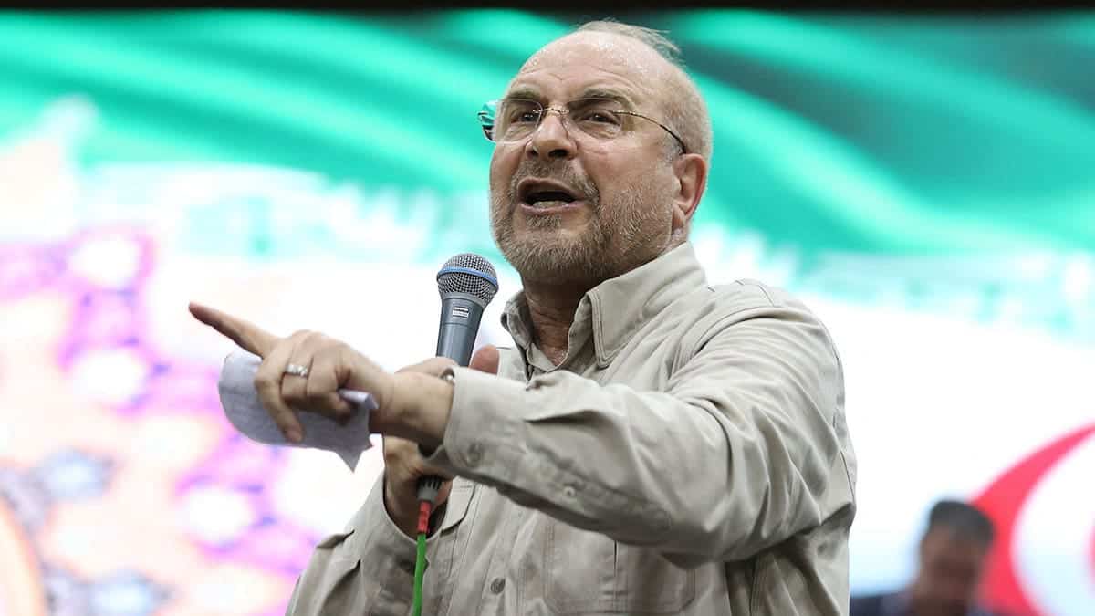 Mohammad Bagher Ghalibaf speaking at a campaign event in Tehran, Iran