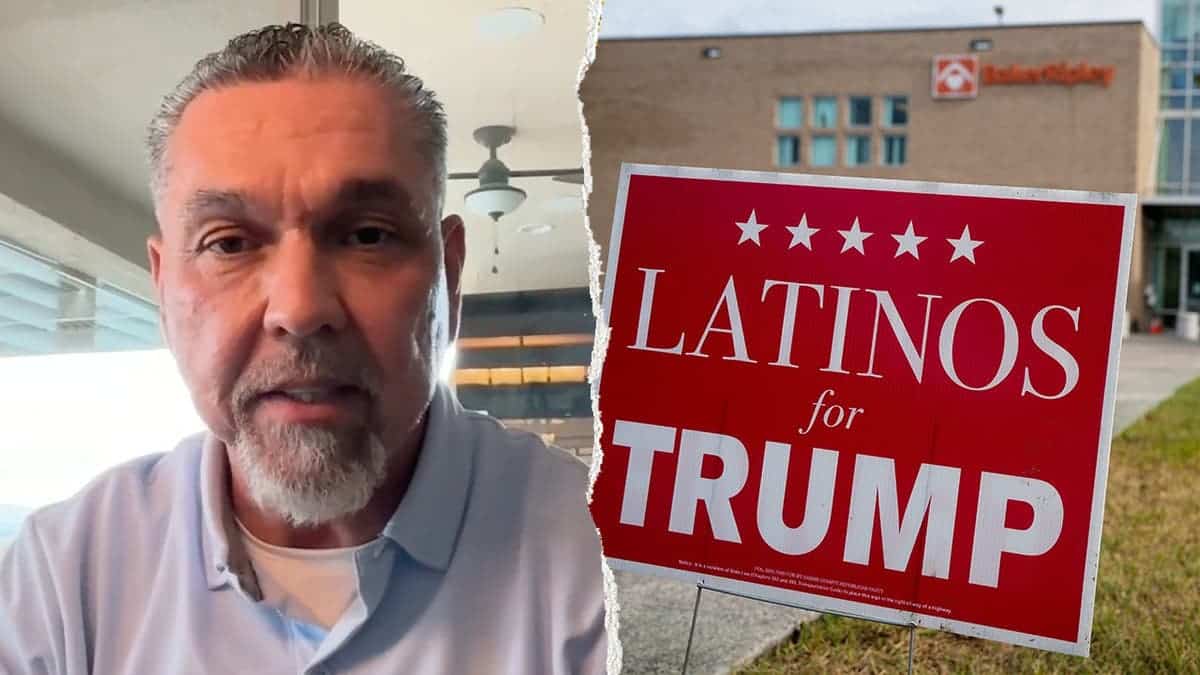 Greg Cunningham, left, pictured next to a 'Latinos for Trump' sign, right.