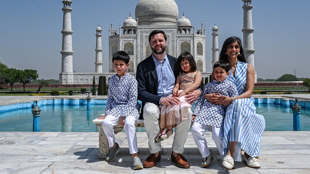 U.S. Vice President JD Vance and his family posing outside the Taj Mahal in Agra India