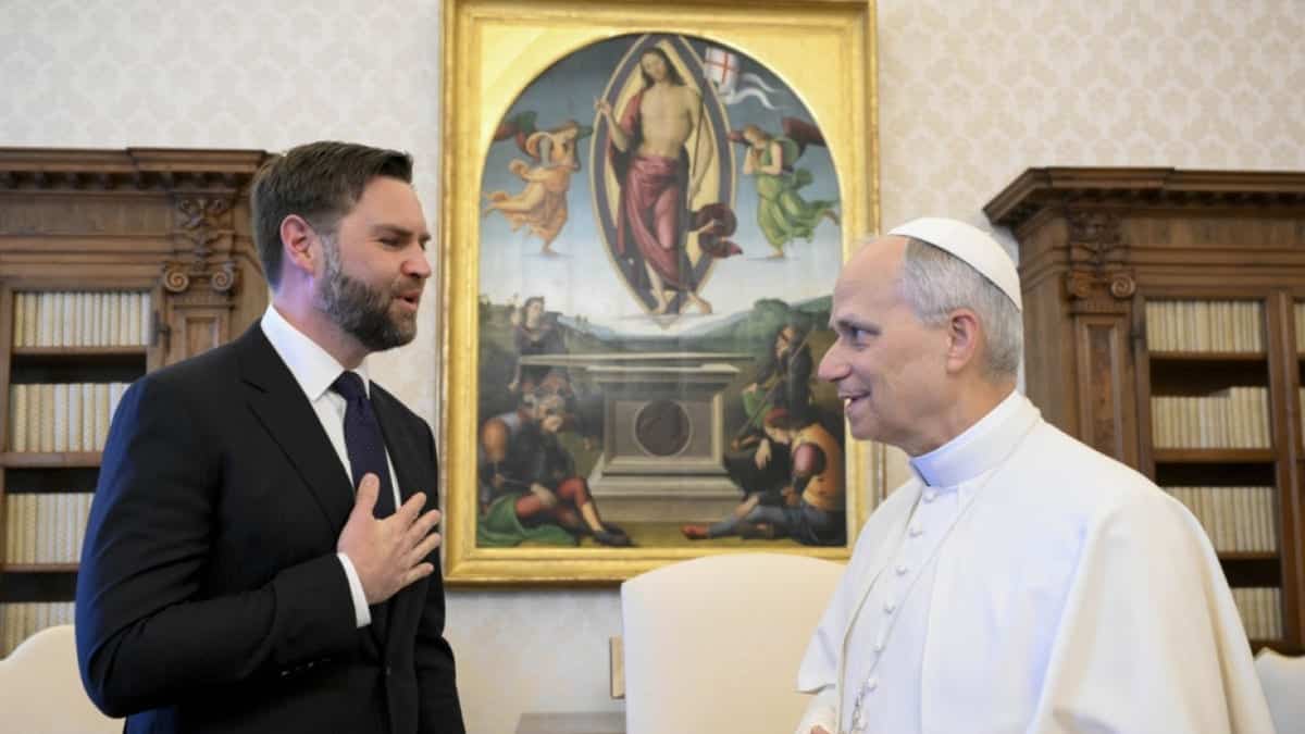 Pope Leo XIV holds a private audience with US Vice President J.D. Vance at the Apostolic Palace on May 19, 2025 in Vatican City, Vatican.