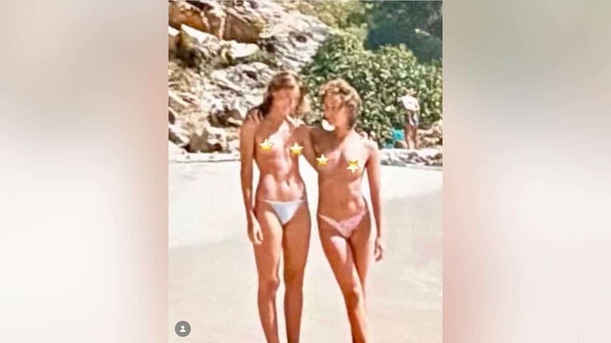 A blurred picture of Jennifer Grey and Tracy Pollan topless on the beach together when they were younger.