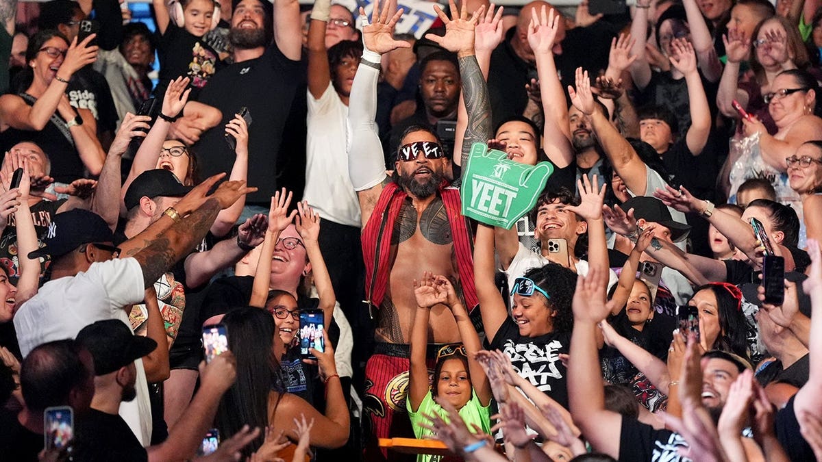 Jey Uso making his entrance during SmackDown at Amica Mutual Pavilion in Providence, Rhode Island.