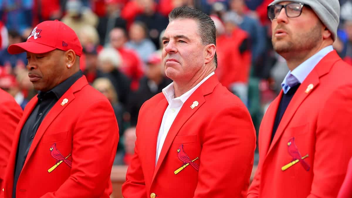 Jim Edmonds standing on the field at Busch Stadium in St. Louis