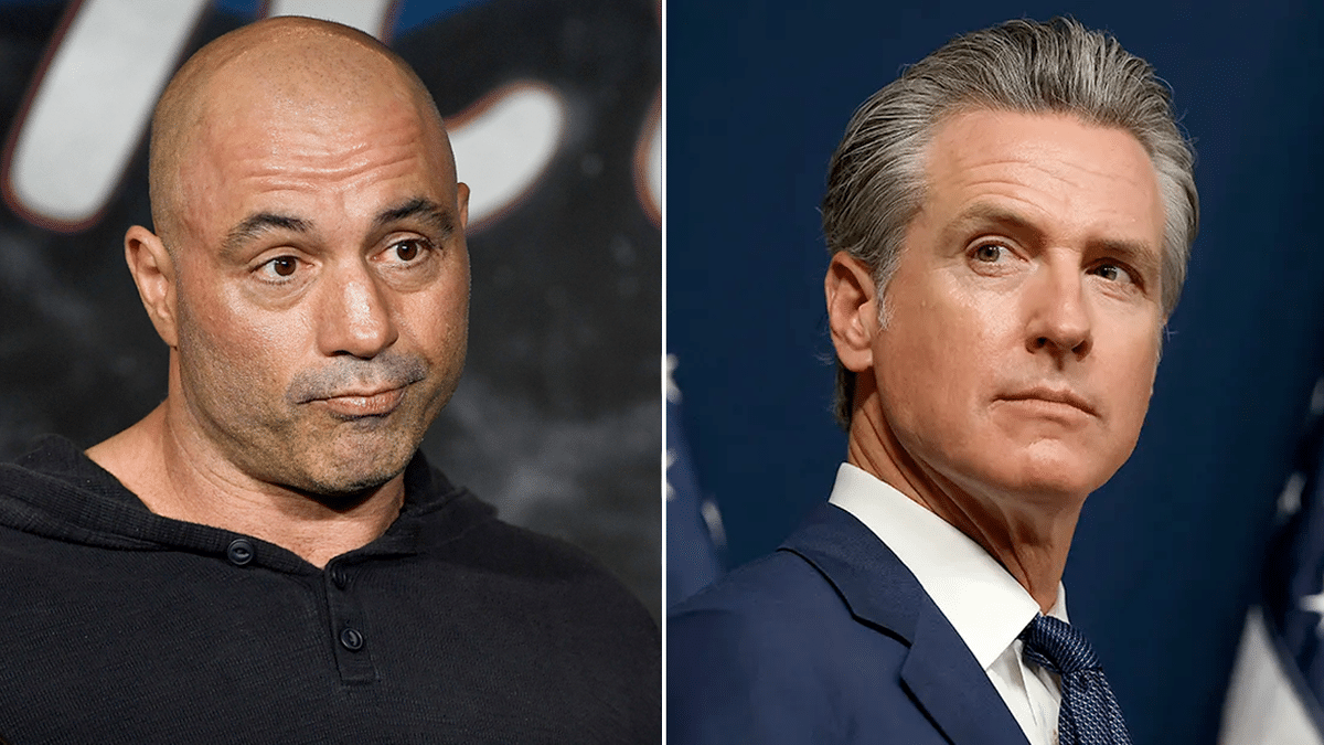Joe Rogan photo arranged next to one of Gavin Newsom