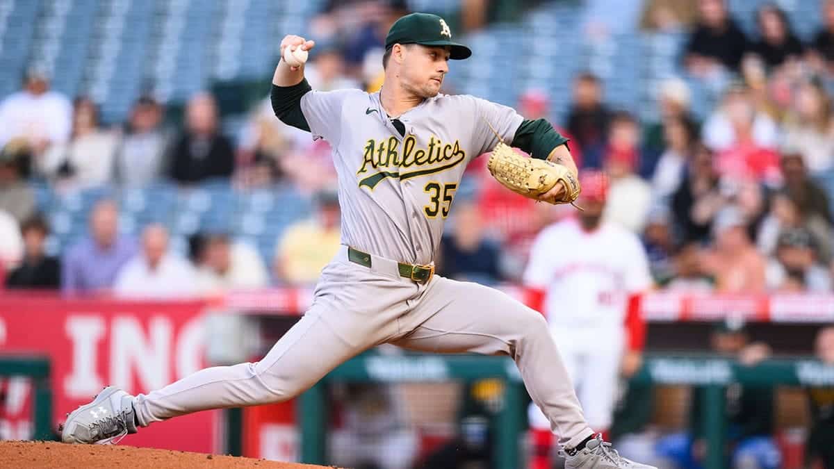 Athletics pitcher J.T. Ginn pitching during a baseball game in Anaheim, Calif.