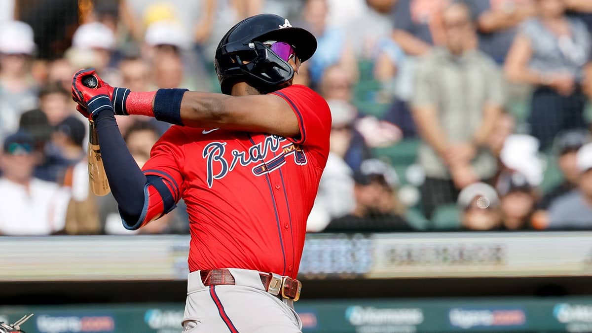 Atlanta Braves outfielder Jurickson Profar hitting an RBI single at Comerica Park