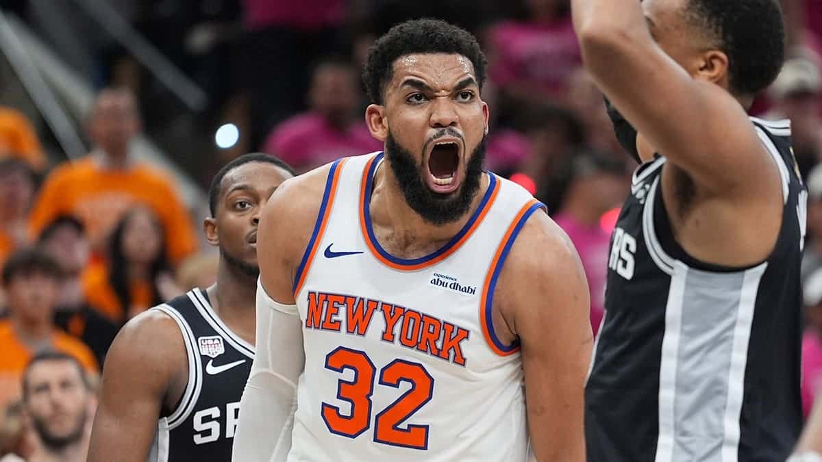 New York Knicks center Karl-Anthony Towns yelling during NBA Finals game