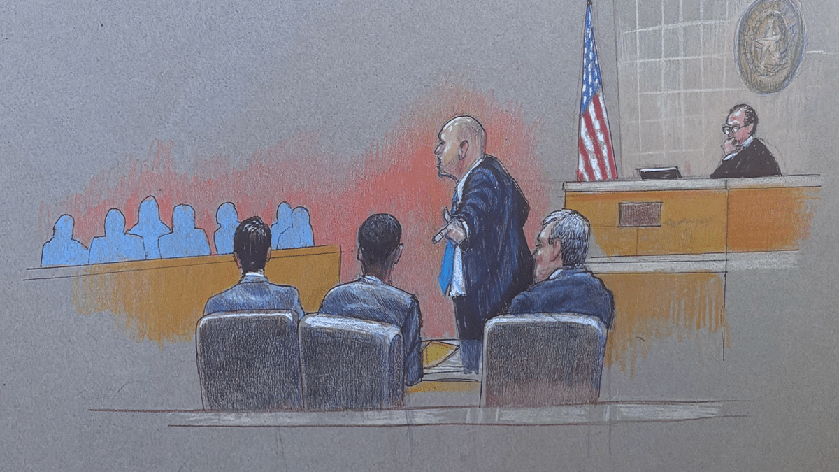 Courtroom sketch shows defense attorney Mike Howard addressing jurors during Karmelo Anthony's murder trial