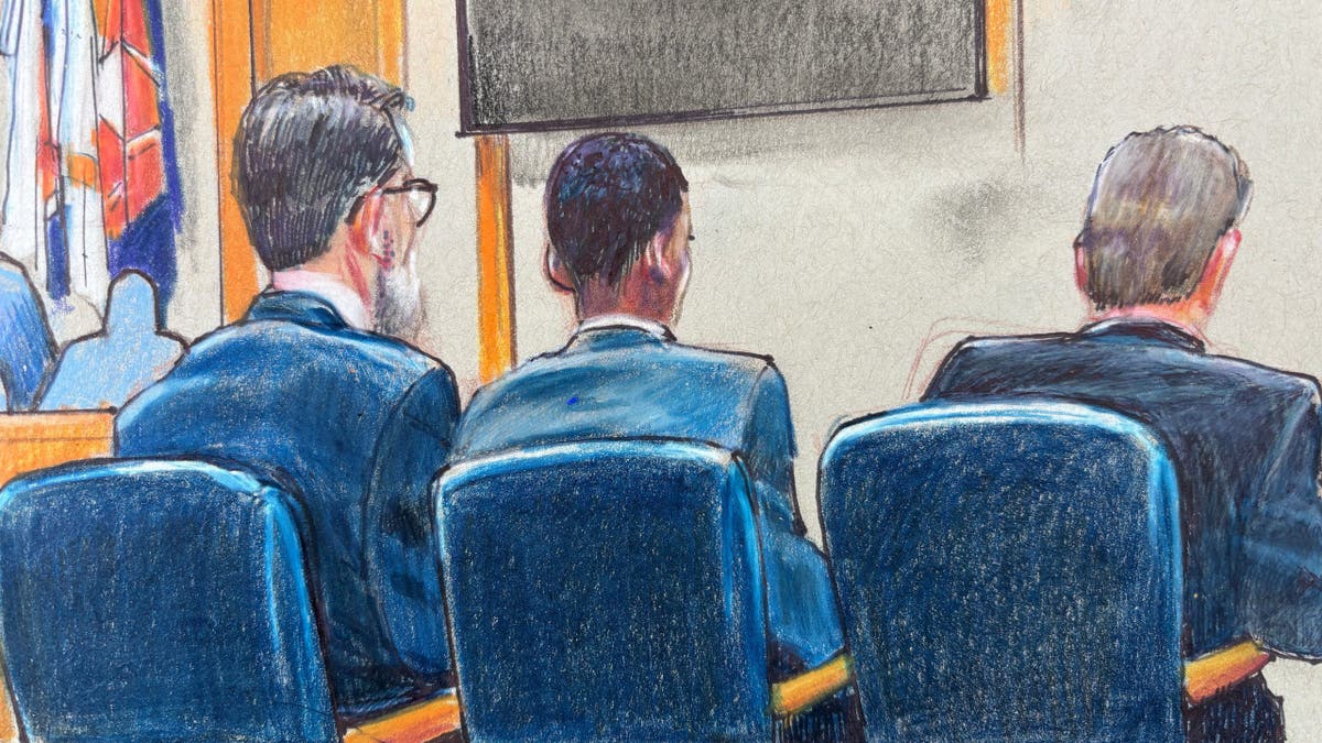 Courtroom sketch showing Karmelo Anthony seated with his defense team during his murder trial