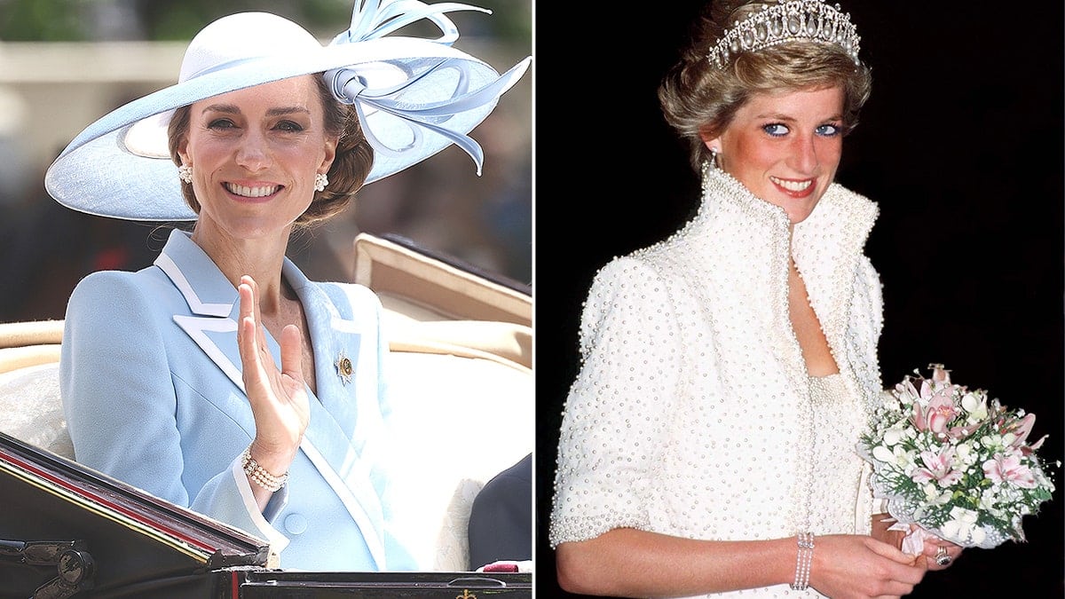 Split photo of Catherine, Princess of Wales standing during Trooping the Colour parade in London; Princess Diana wearing matching pearl bracelets.