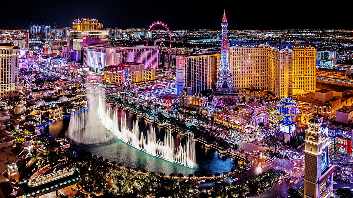 Aerial view of the Las Vegas Strip illuminated at night in Nevada