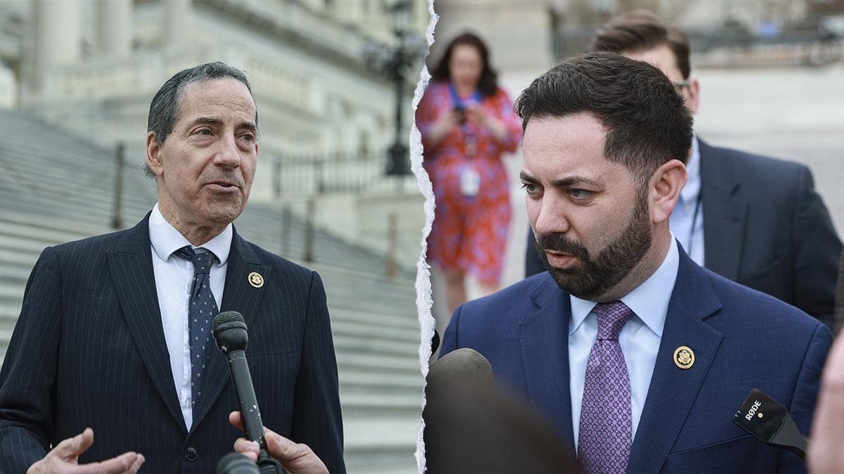 Reps. Mike Lawler, R-N.Y., and Jamie Raskin, D-Md., seen in separate news conferences
