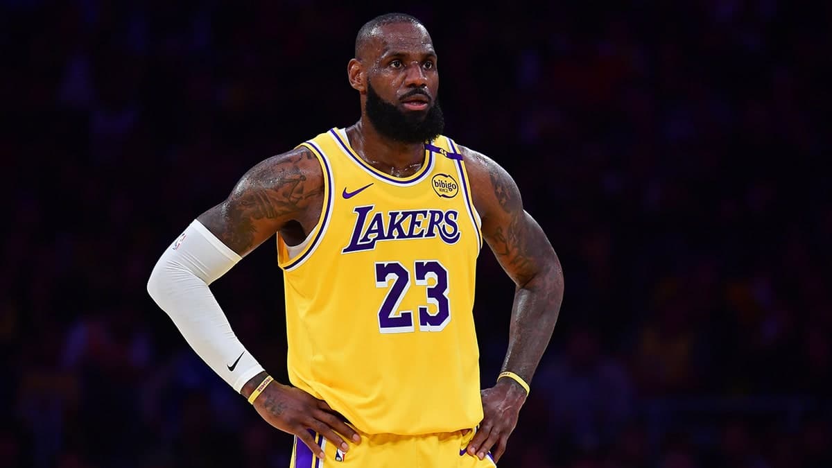 LeBron James reacting during first half of NBA playoff game at Crypto.com Arena