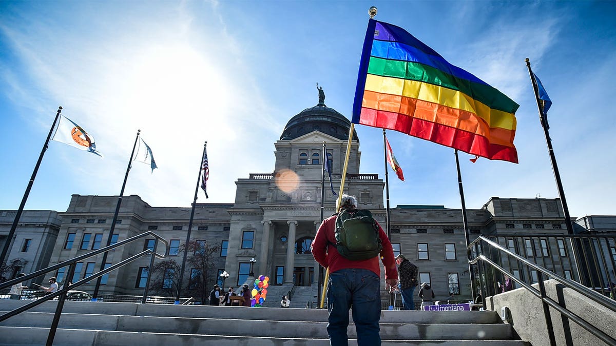 Person carrying LGBTQ flag
