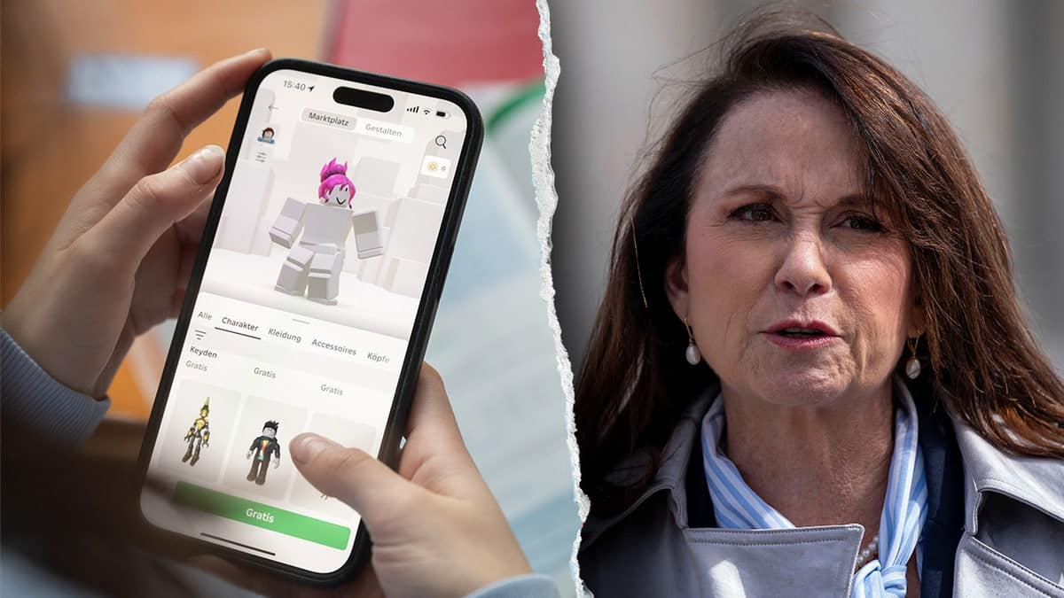 Attorney General Liz Murrill standing and Roblox logo in split image