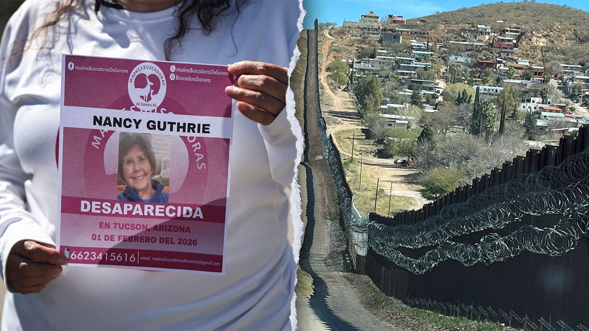 A missing poster for Nancy Guthrie displayed near a border wall.