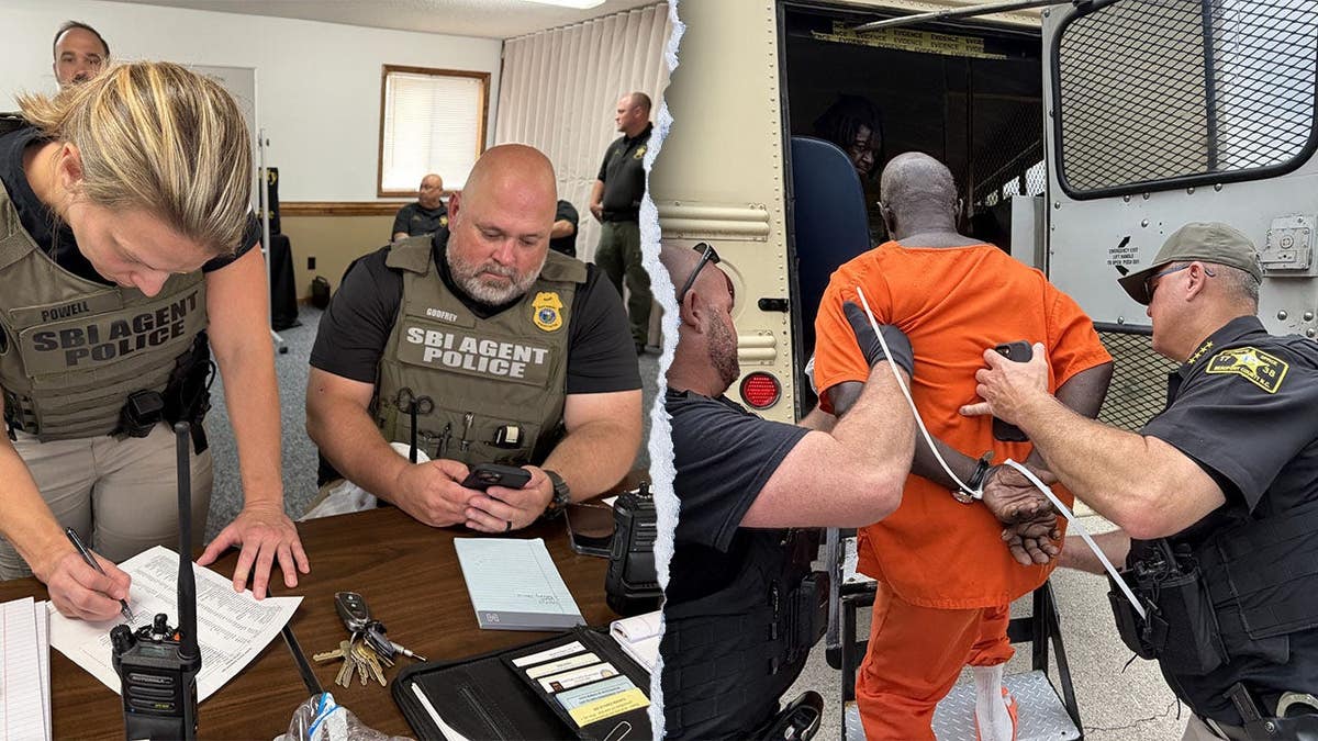 An inmate being put on a bus and officers working a hostage situation.